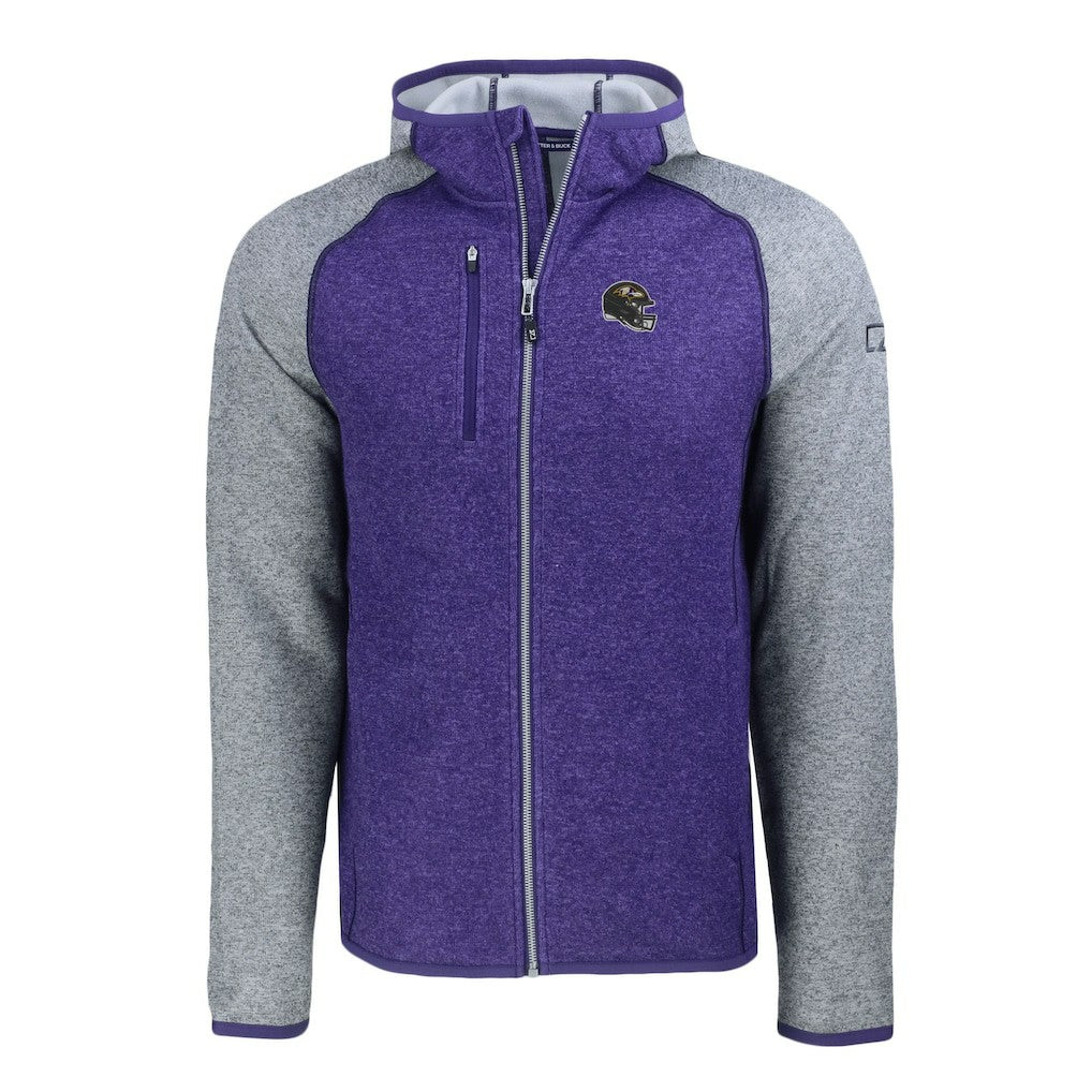 Baltimore Ravens Cutter & Buck Helmet Mainsail Sweater-Knit Full-Zip Hoodie Heather Purple/Heather Gray | NFL