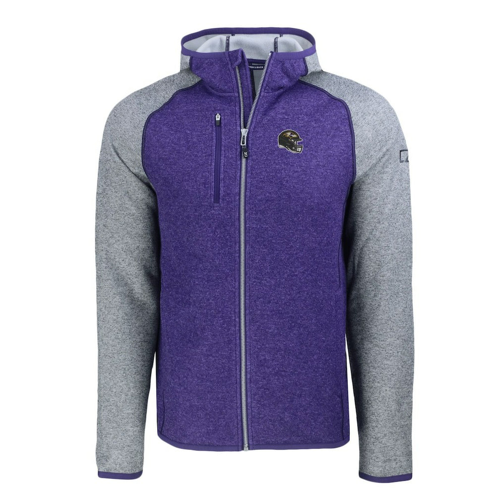 Baltimore Ravens Cutter & Buck Helmet Mainsail Sweater-Knit Full-Zip Hoodie Heather Purple/Heather Gray | NFL