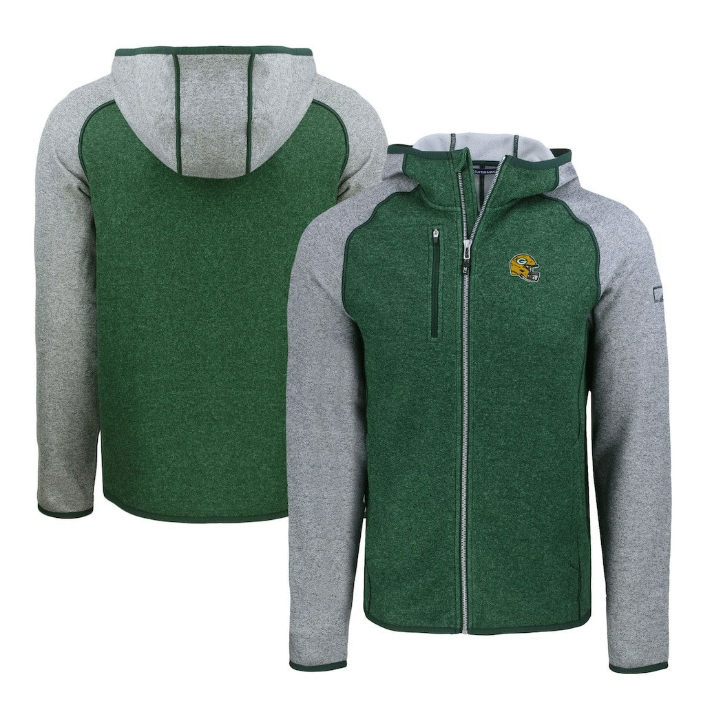 Green Bay Packers Cutter & Buck Helmet Mainsail Sweater-Knit Full-Zip Hoodie Heather Green/Heather Gray | NFL