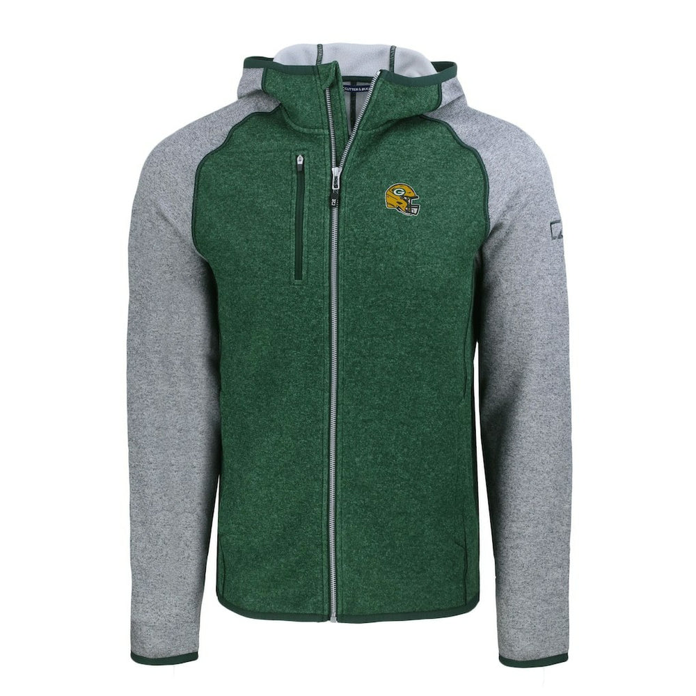 Green Bay Packers Cutter & Buck Helmet Mainsail Sweater-Knit Full-Zip Hoodie Heather Green/Heather Gray | NFL