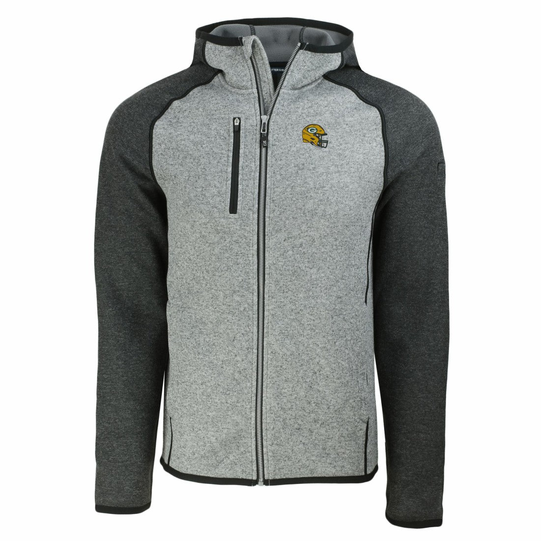 Green Bay Packers Cutter & Buck Helmet Mainsail Sweater-Knit Full-Zip Hoodie Heather Gray/Heather Charcoal | NFL