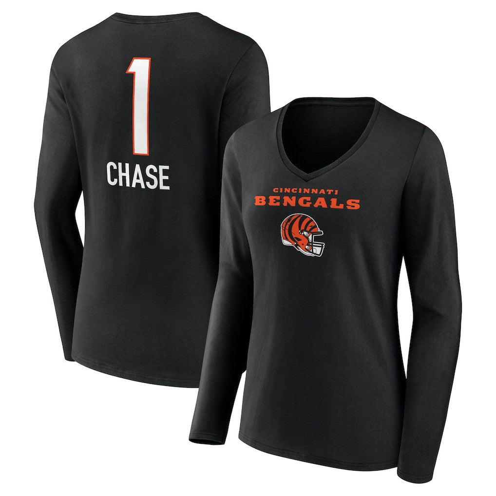 Ja'Marr Chase Cincinnati Bengals Women's Team Wordmark Player Name & Number Long Sleeve V-Neck T-Shirt Black | NFL