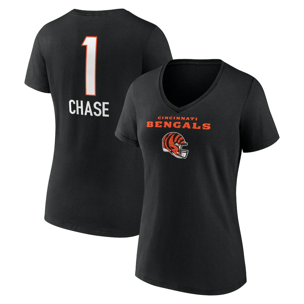 Ja'Marr Chase Cincinnati Bengals Women's Team Wordmark Player Name & Number V-Neck T-Shirt Black | NFL