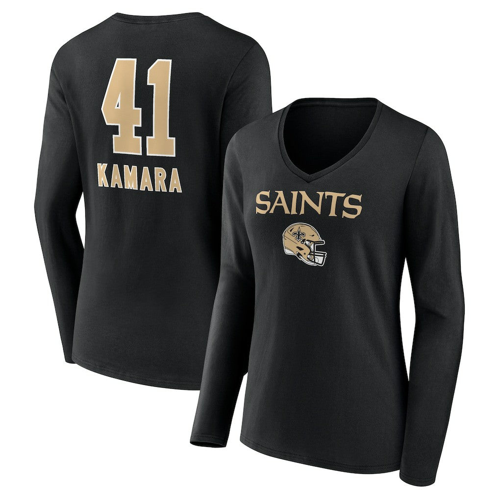 Alvin Kamara New Orleans Saints Women's Team Wordmark Player Name & Number Long Sleeve V-Neck T-Shirt Black | NFL