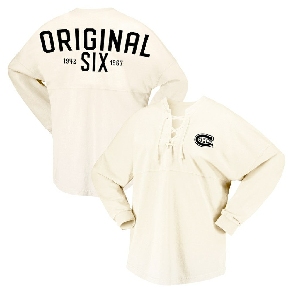 Montreal Canadiens Fanatics Women's Original Six Lace-Up Spirit Jersey Long Sleeve T-Shirt - Cream - NHL