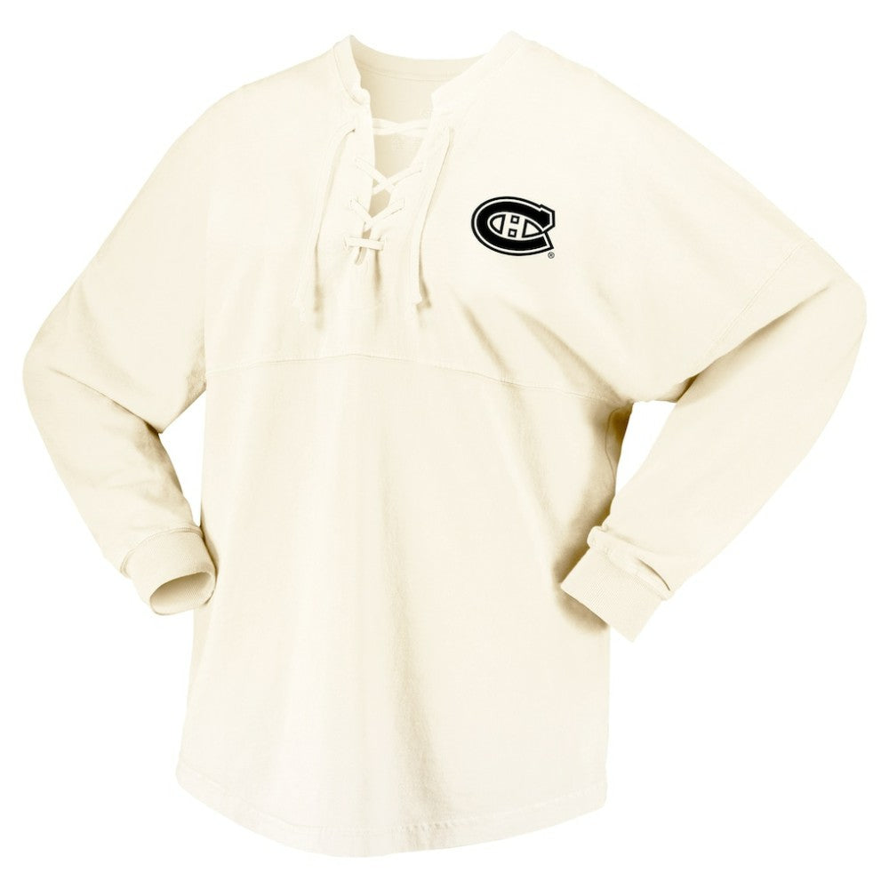 Montreal Canadiens Fanatics Women's Original Six Lace-Up Spirit Jersey Long Sleeve T-Shirt - Cream - NHL