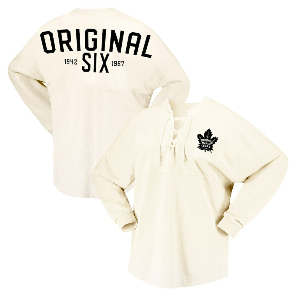 Toronto Maple Leafs Fanatics Women's Original Six Lace-Up Spirit Jersey Long Sleeve T-Shirt - Cream - NHL