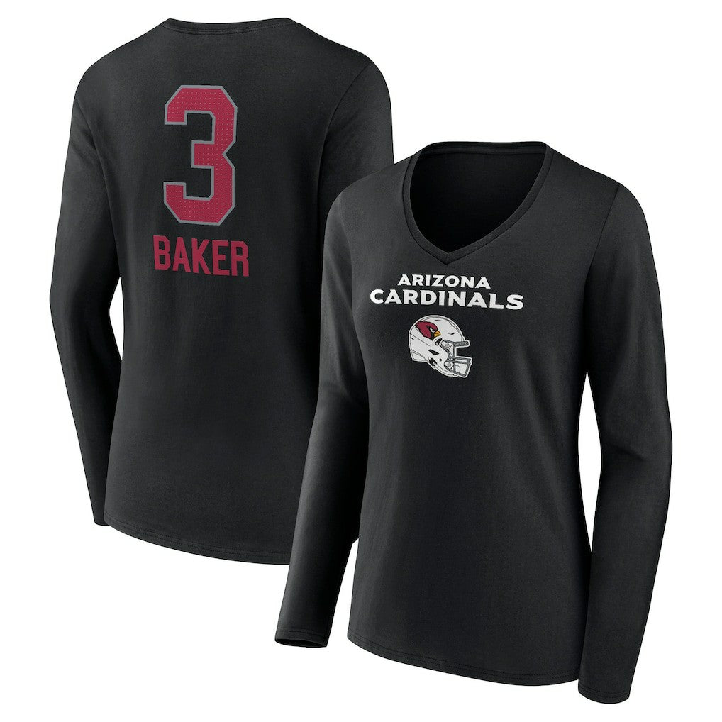 Budda Baker Arizona Cardinals Women's Team Wordmark Player Name & Number Long Sleeve V-Neck T-Shirt Black | NFL