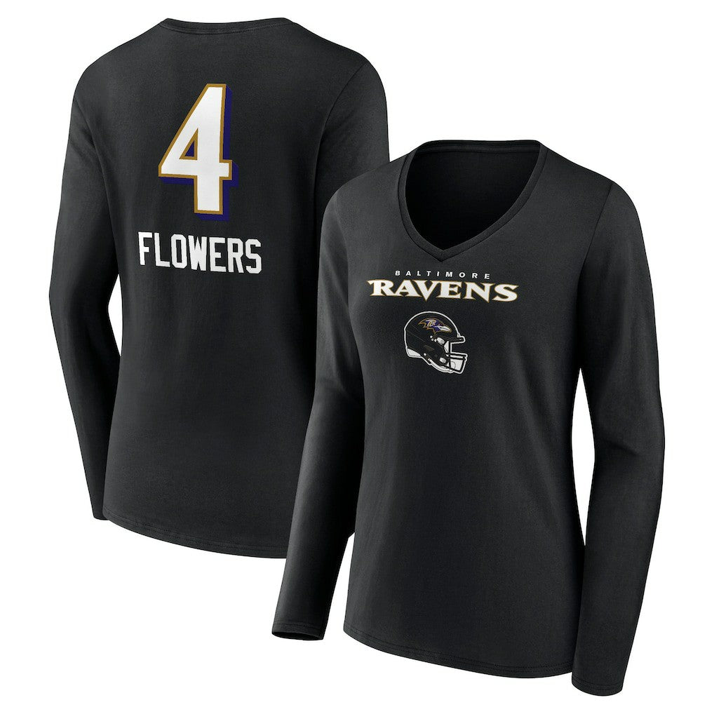 Zay Flowers Baltimore Ravens Women's Team Wordmark Player Name & Number Long Sleeve V-Neck T-Shirt Black | NFL