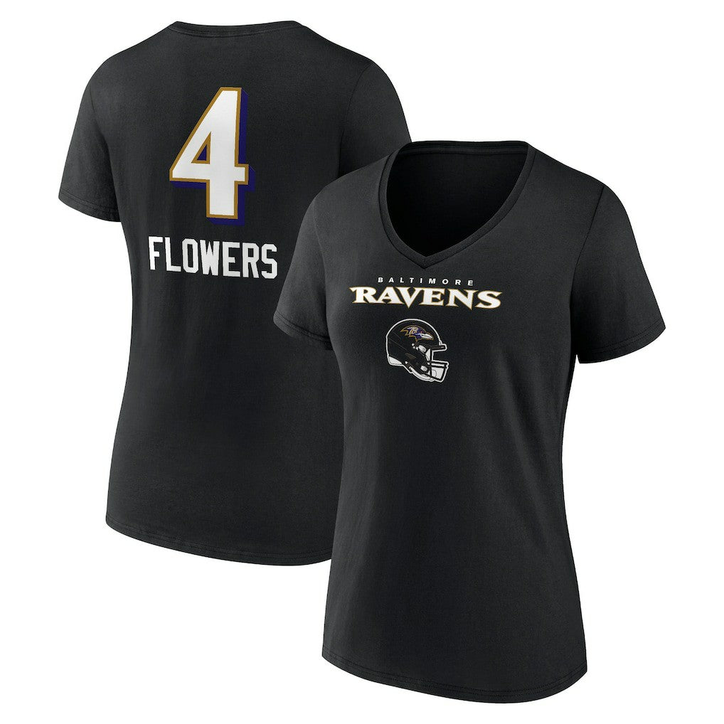 Zay Flowers Baltimore Ravens Women's Team Wordmark Player Name & Number V-Neck T-Shirt Black | NFL