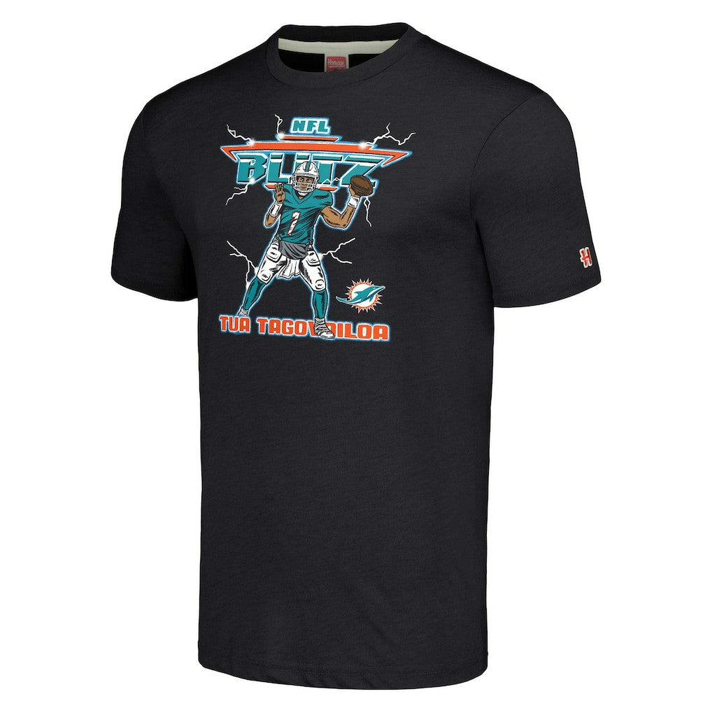 Tua Tagovailoa Miami Dolphins Homage Unisex NFL Blitz Player Tri-Blend T-Shirt Heathered Heather Black | NFL