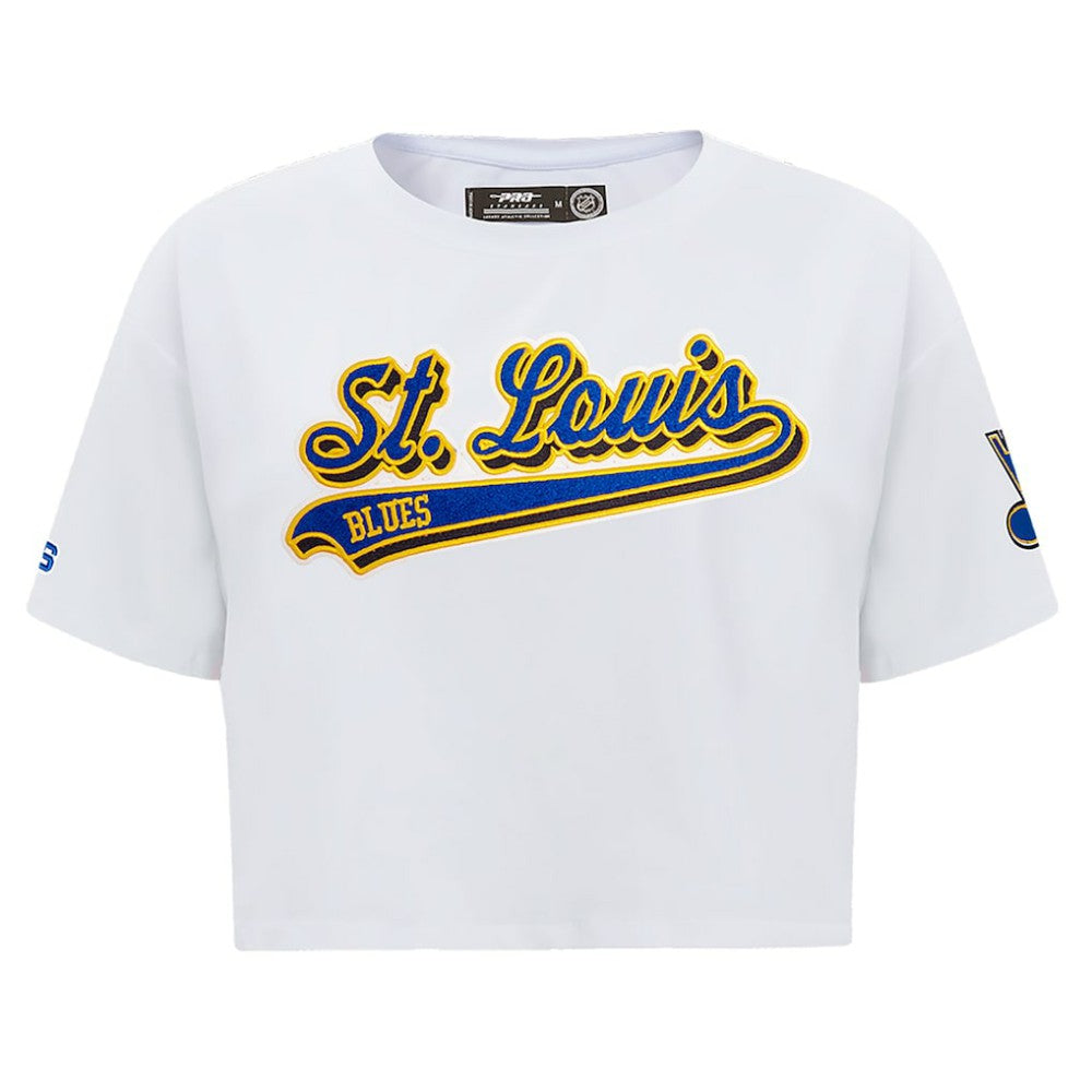 St. Louis Blues Pro Standard Women's Boxy Script Tail Cropped T-Shirt - White - NHL