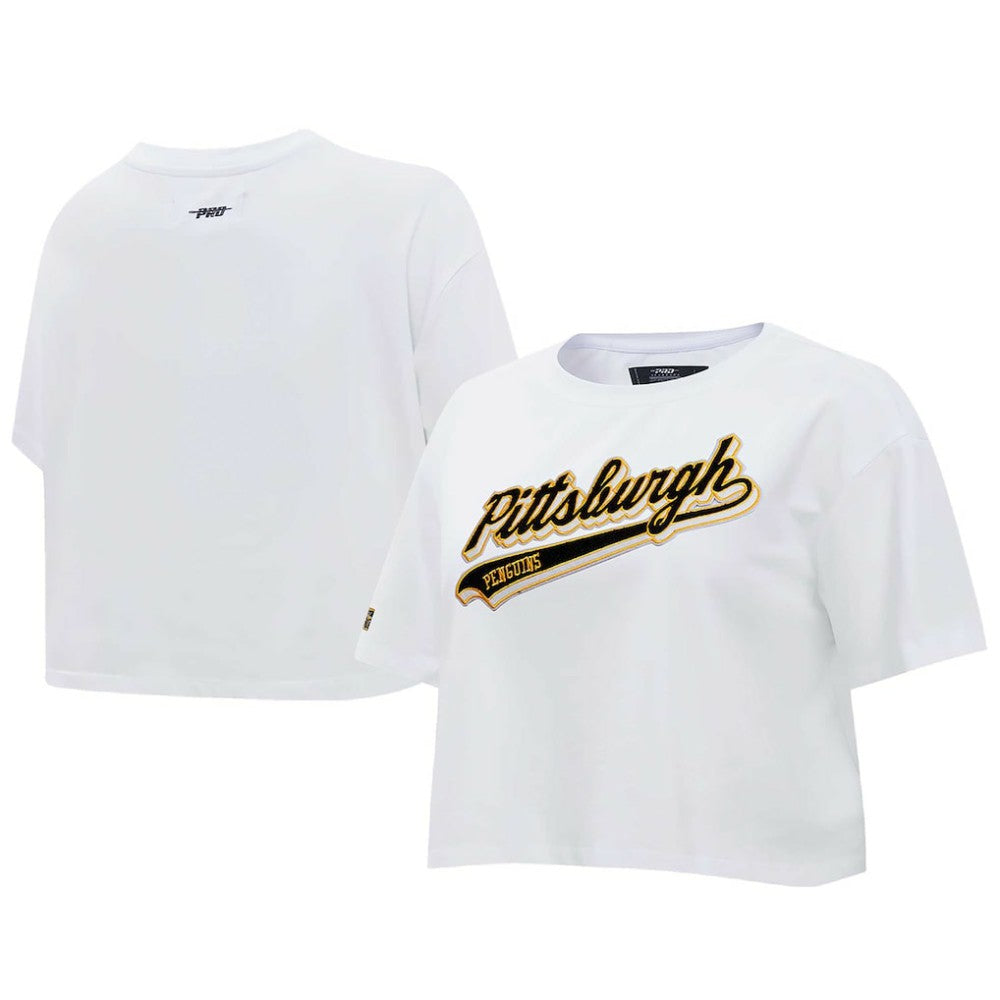 Pittsburgh Penguins Pro Standard Women's Boxy Script Tail Cropped T-Shirt - White - NHL