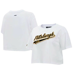 Pittsburgh Penguins Pro Standard Women's Boxy Script Tail Cropped T-Shirt - White - NHL