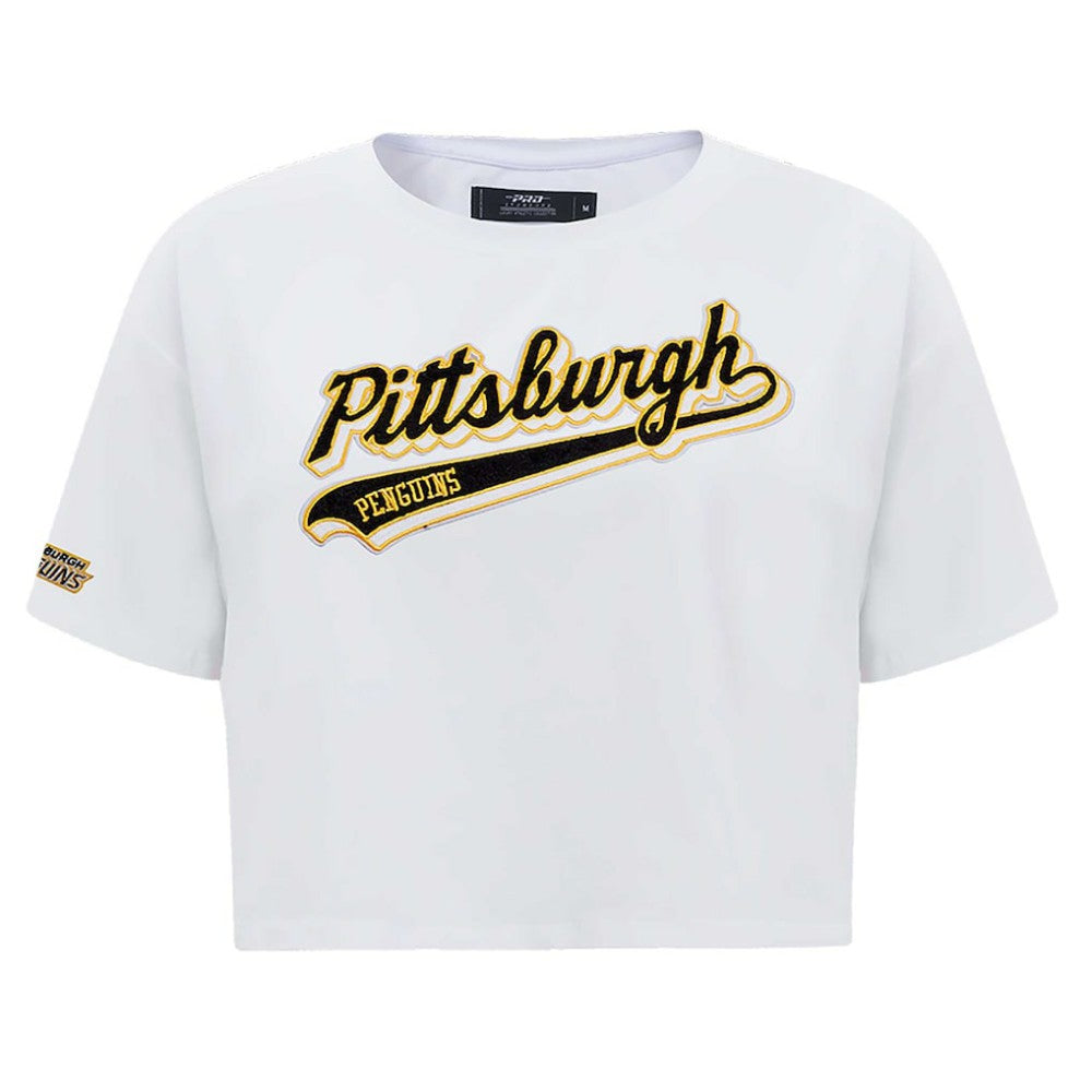 Pittsburgh Penguins Pro Standard Women's Boxy Script Tail Cropped T-Shirt - White - NHL