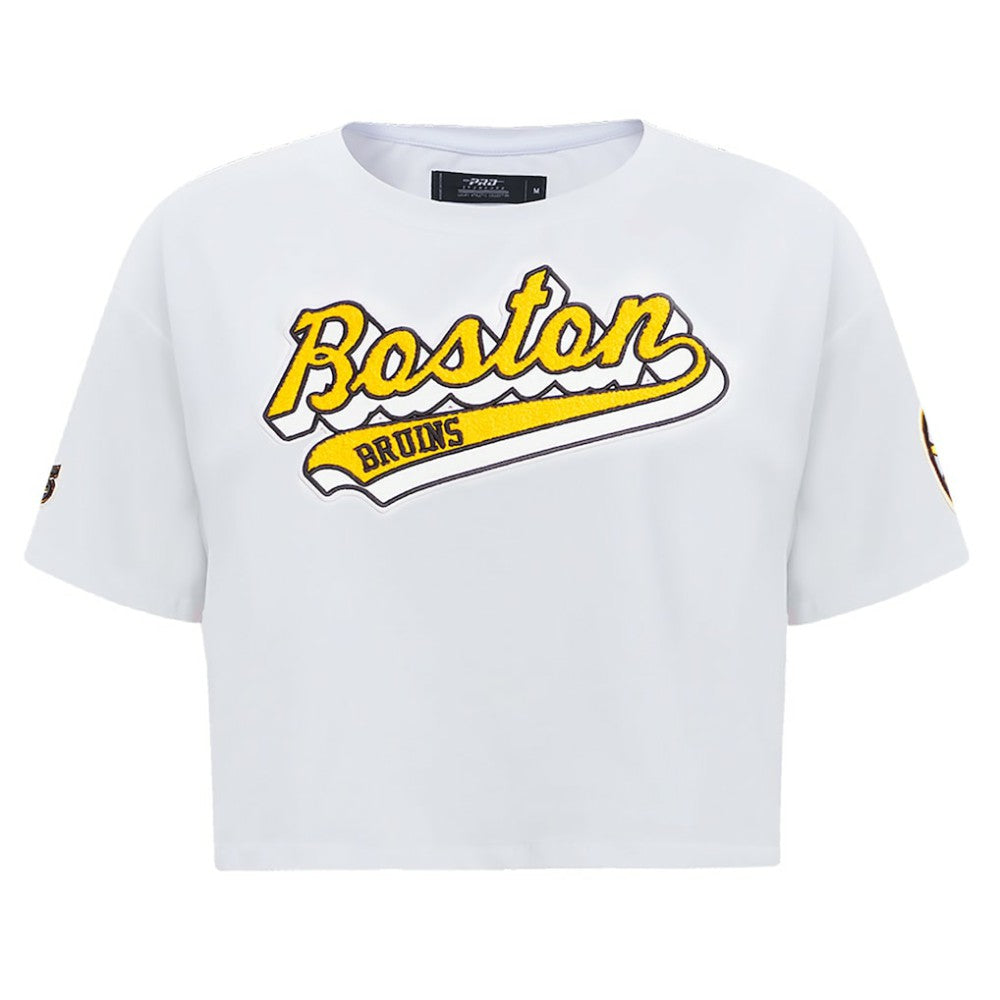 Boston Bruins Pro Standard Women's Boxy Script Tail Cropped T-Shirt - White - NHL