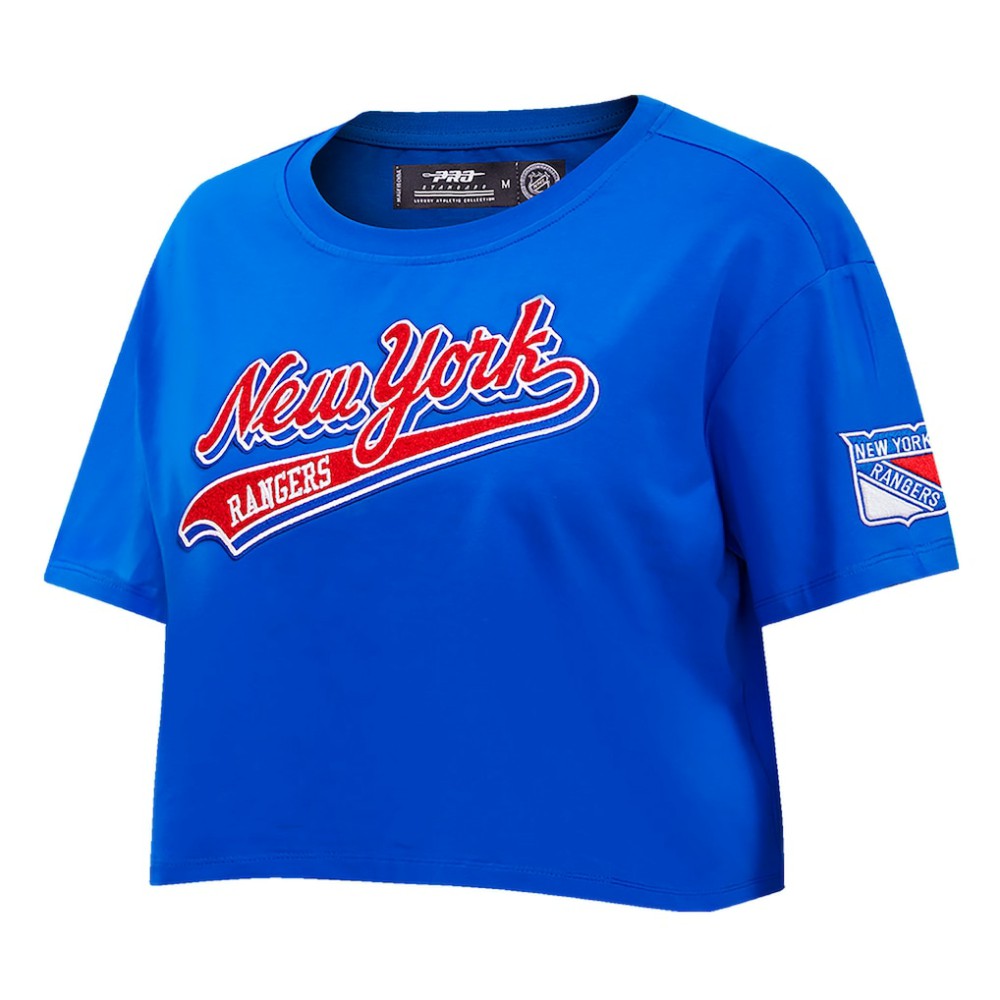 New York Rangers Pro Standard Women's Boxy Script Tail Cropped T-Shirt - Blue - NHL