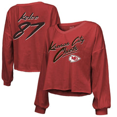 Travis Kelce Kansas City Chiefs Majestic Threads Women's Name & Number Off-Shoulder Script Cropped Long Sleeve V-Neck T-Shirt Red | NFL