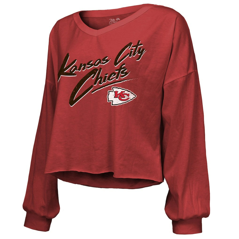 Travis Kelce Kansas City Chiefs Majestic Threads Women's Name & Number Off-Shoulder Script Cropped Long Sleeve V-Neck T-Shirt Red | NFL