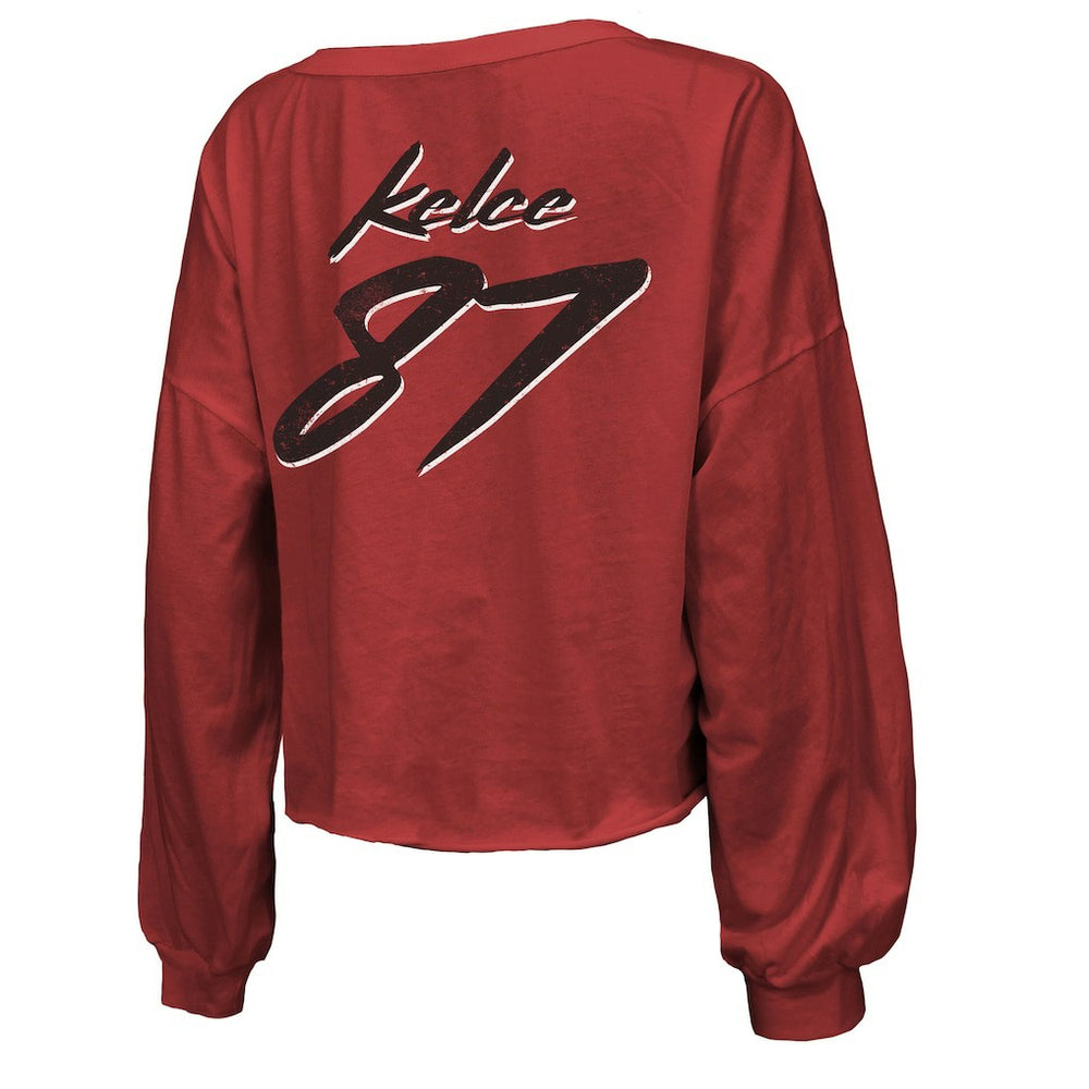 Travis Kelce Kansas City Chiefs Majestic Threads Women's Name & Number Off-Shoulder Script Cropped Long Sleeve V-Neck T-Shirt Red | NFL