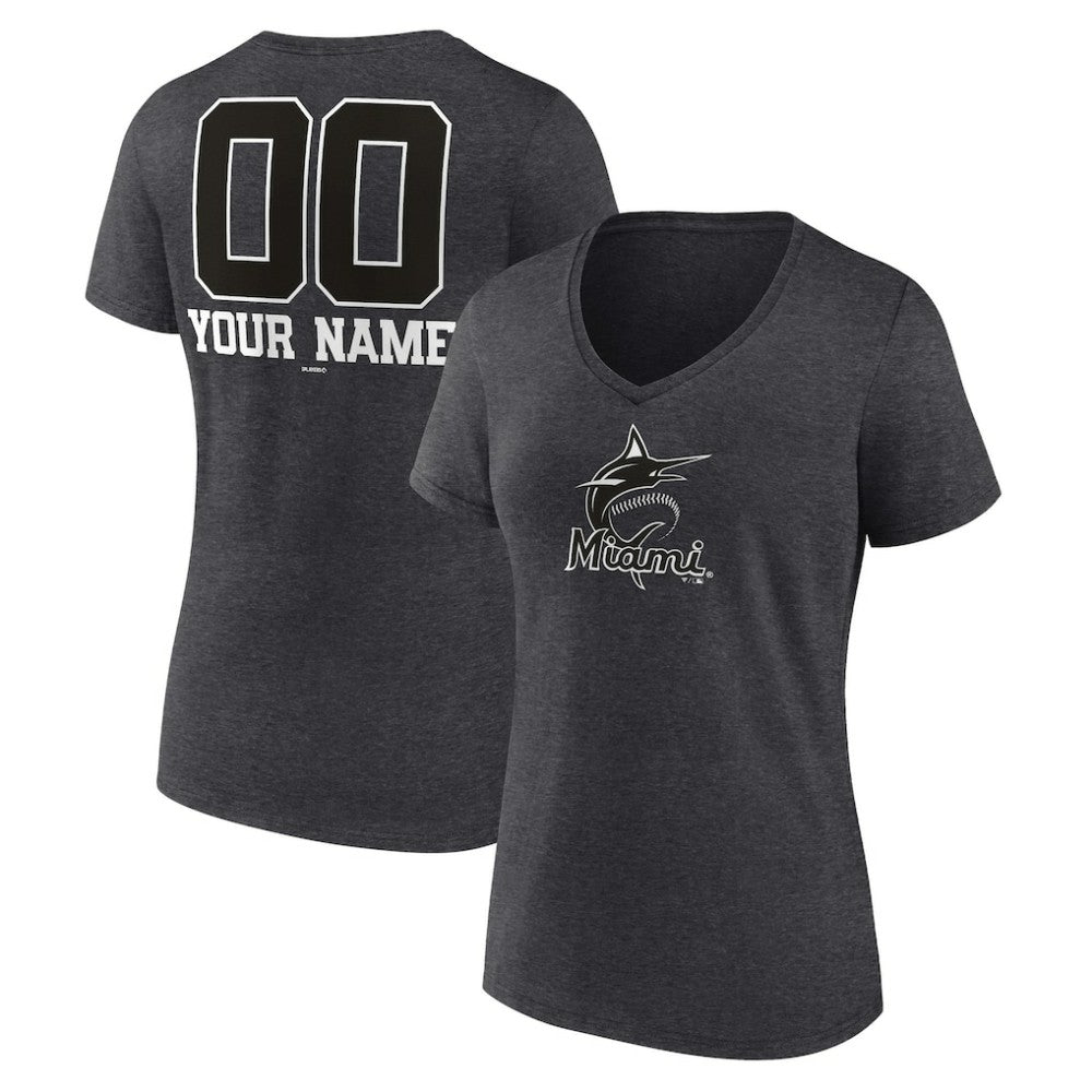 Miami Marlins Women's Personalized Monochrome Name & Number V-Neck T-Shirt - MLB