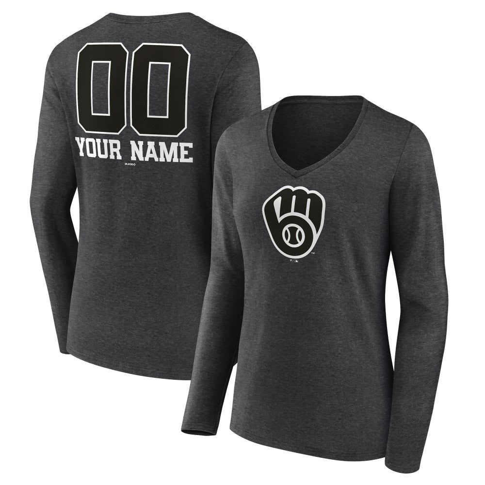 Milwaukee Brewers Women's Personalized Monochrome Name & Number Long Sleeve V-Neck T-Shirt - MLB