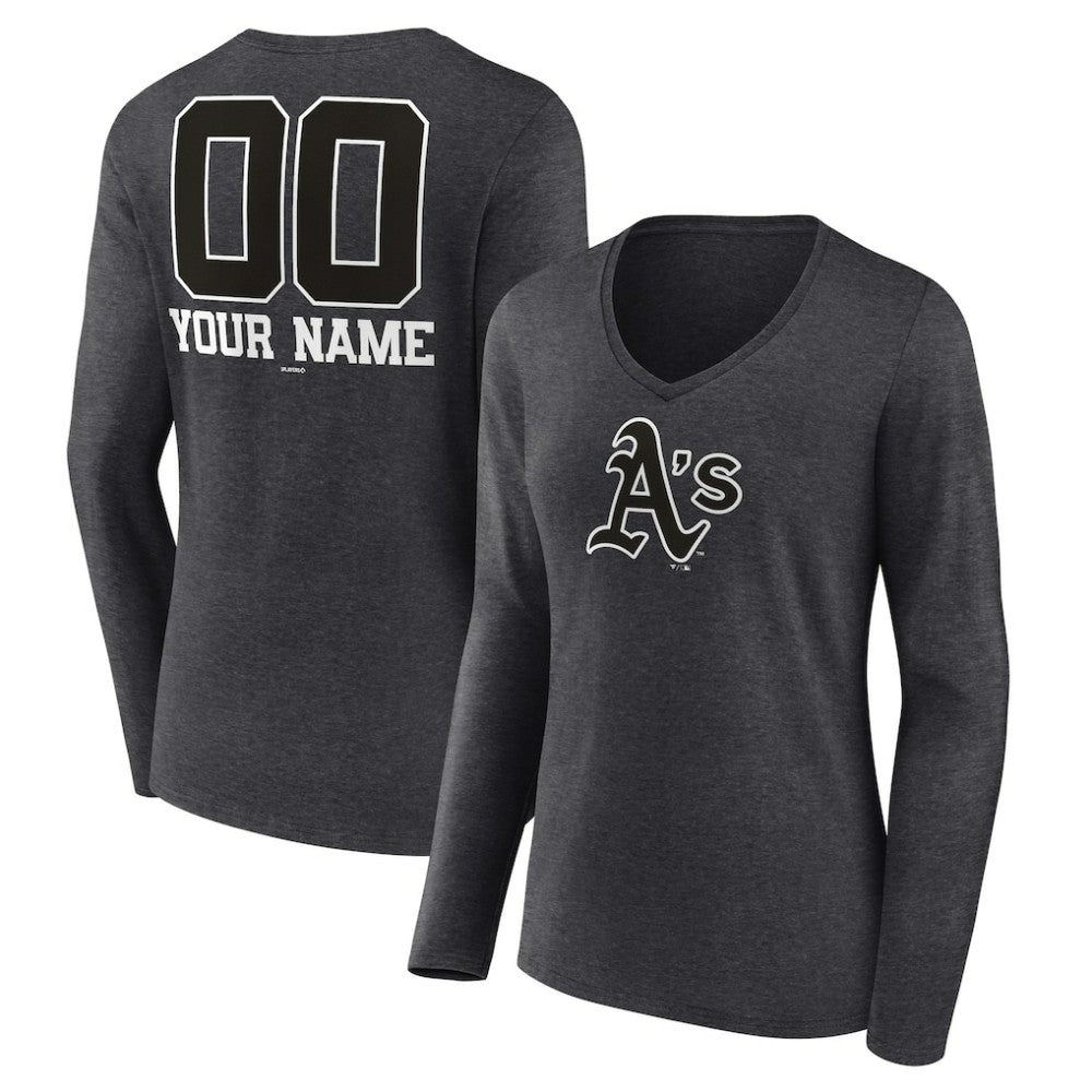 Athletics Women's Personalized Monochrome Name & Number Long Sleeve V-Neck T-Shirt - MLB