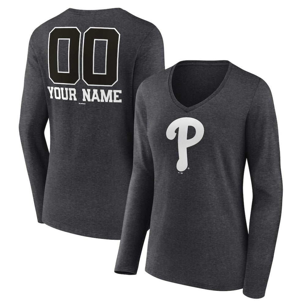 Philadelphia Phillies Women's Personalized Monochrome Name & Number Long Sleeve V-Neck T-Shirt - MLB