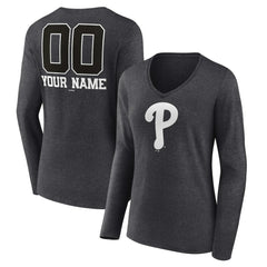 Philadelphia Phillies Women's Personalized Monochrome Name & Number Long Sleeve V-Neck T-Shirt - MLB