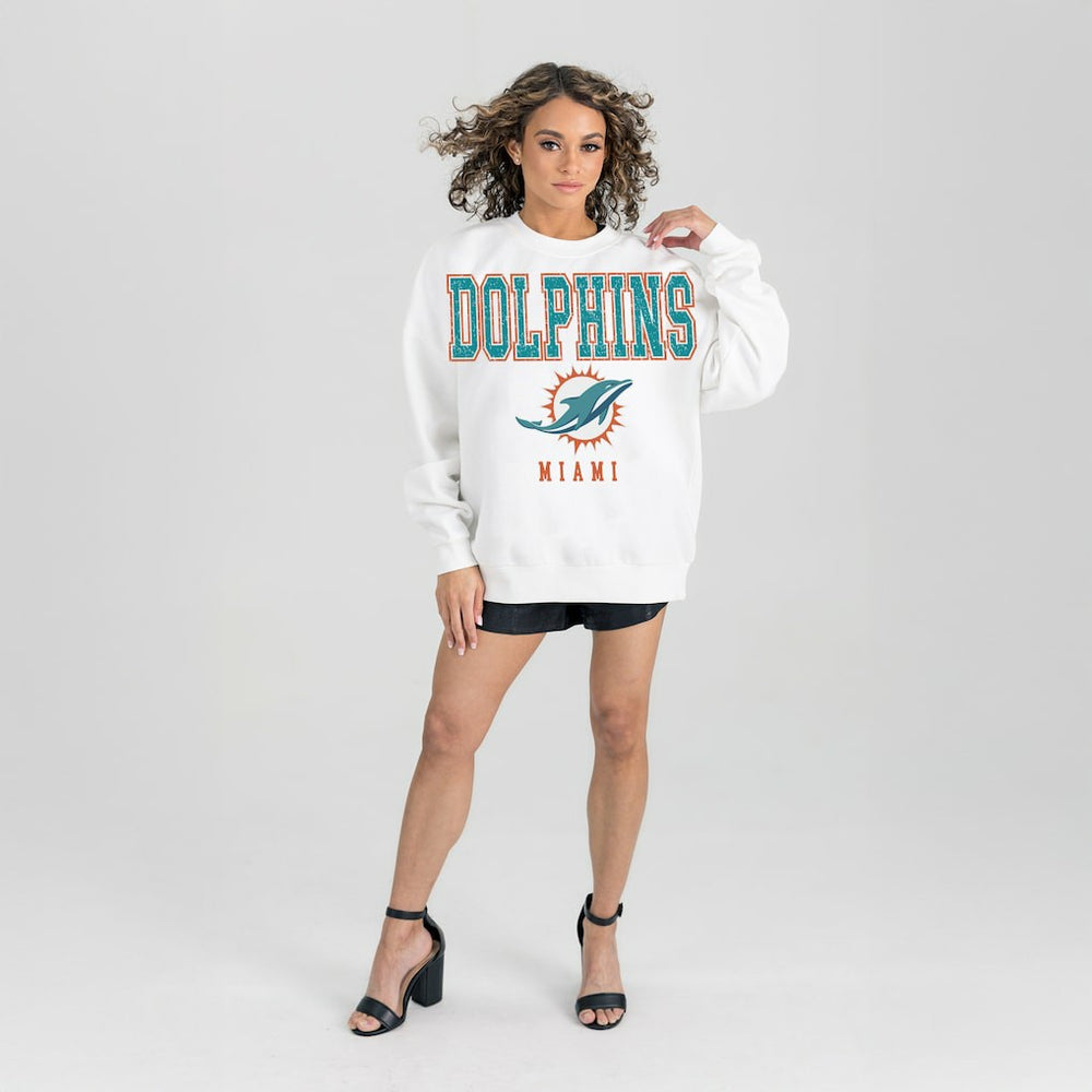 Miami Dolphins Gameday Couture Women's Sunday Drives Oversized Crewneck Pullover Sweatshirt – White | NFL