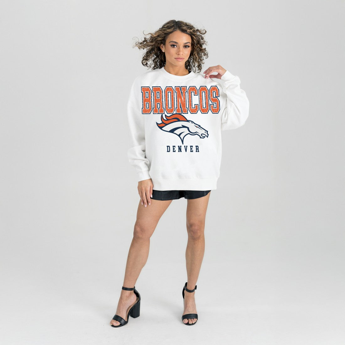 Denver Broncos Gameday Couture Women's Sunday Drives Oversized Crewneck Pullover Sweatshirt – White | NFL