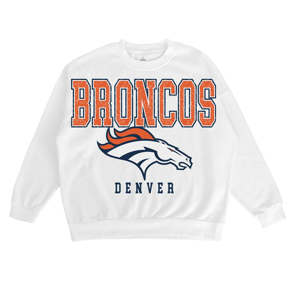 Denver Broncos Gameday Couture Women's Sunday Drives Oversized Crewneck Pullover Sweatshirt – White | NFL