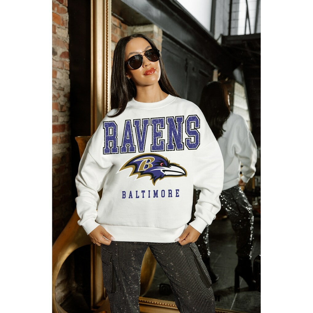 Baltimore Ravens Gameday Couture Women's Sunday Drives Oversized Crewneck Pullover Sweatshirt – White | NFL