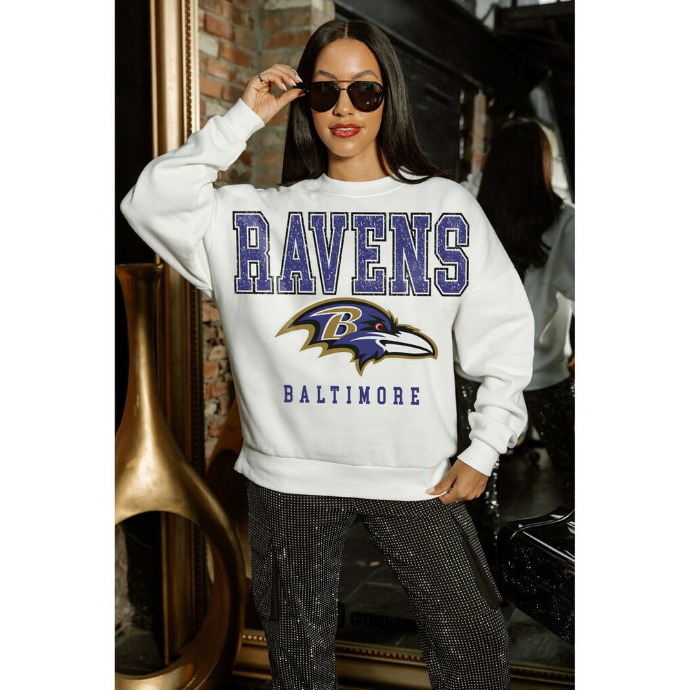 Baltimore Ravens Gameday Couture Women's Sunday Drives Oversized Crewneck Pullover Sweatshirt – White | NFL