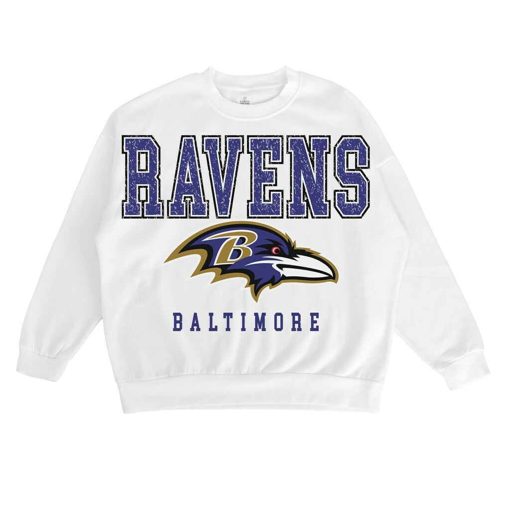 Baltimore Ravens Gameday Couture Women's Sunday Drives Oversized Crewneck Pullover Sweatshirt – White | NFL