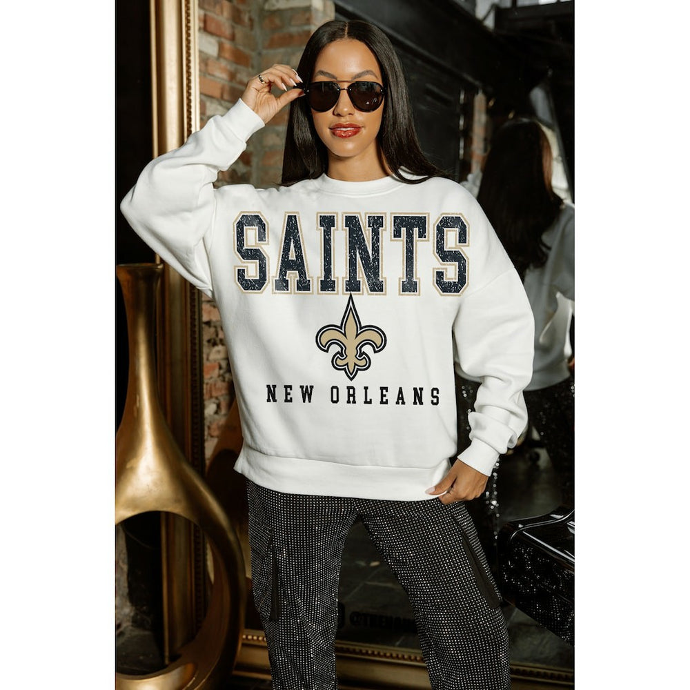 New Orleans Saints Gameday Couture Women's Sunday Drives Oversized Crewneck Pullover Sweatshirt – White | NFL