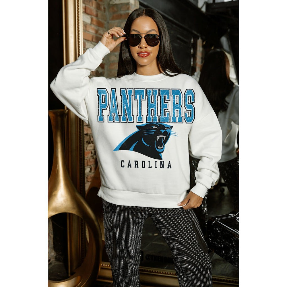 Carolina Panthers Gameday Couture Women's Sunday Drives Oversized Crewneck Pullover Sweatshirt – White | NFL