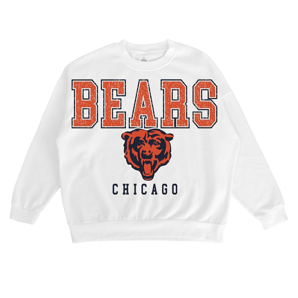 Chicago Bears Gameday Couture Women's Sunday Drives Oversized Crewneck Pullover Sweatshirt – White | NFL