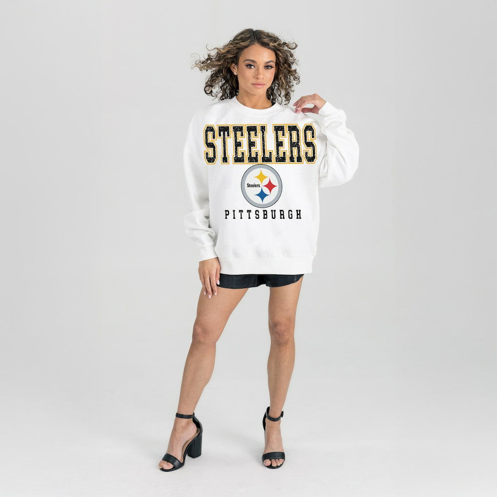 Pittsburgh Steelers Gameday Couture Women's Sunday Drives Oversized Crewneck Pullover Sweatshirt – White | NFL