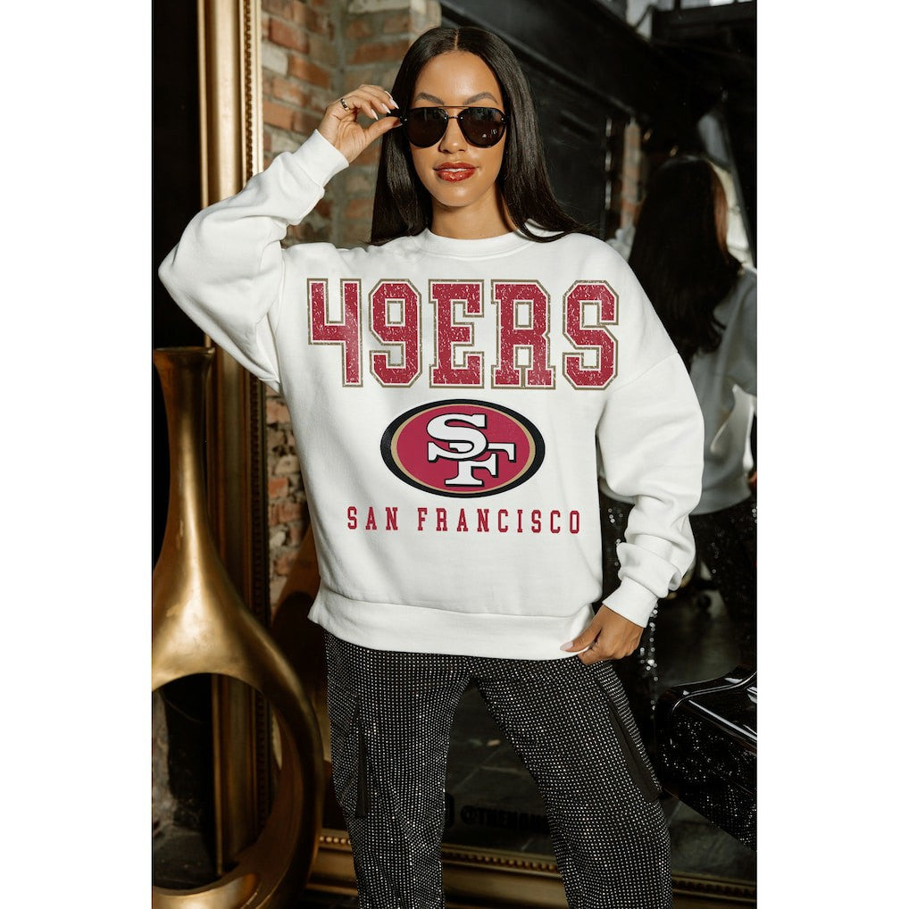 San Francisco 49ers Gameday Couture Women's Sunday Drives Oversized Crewneck Pullover Sweatshirt – White | NFL