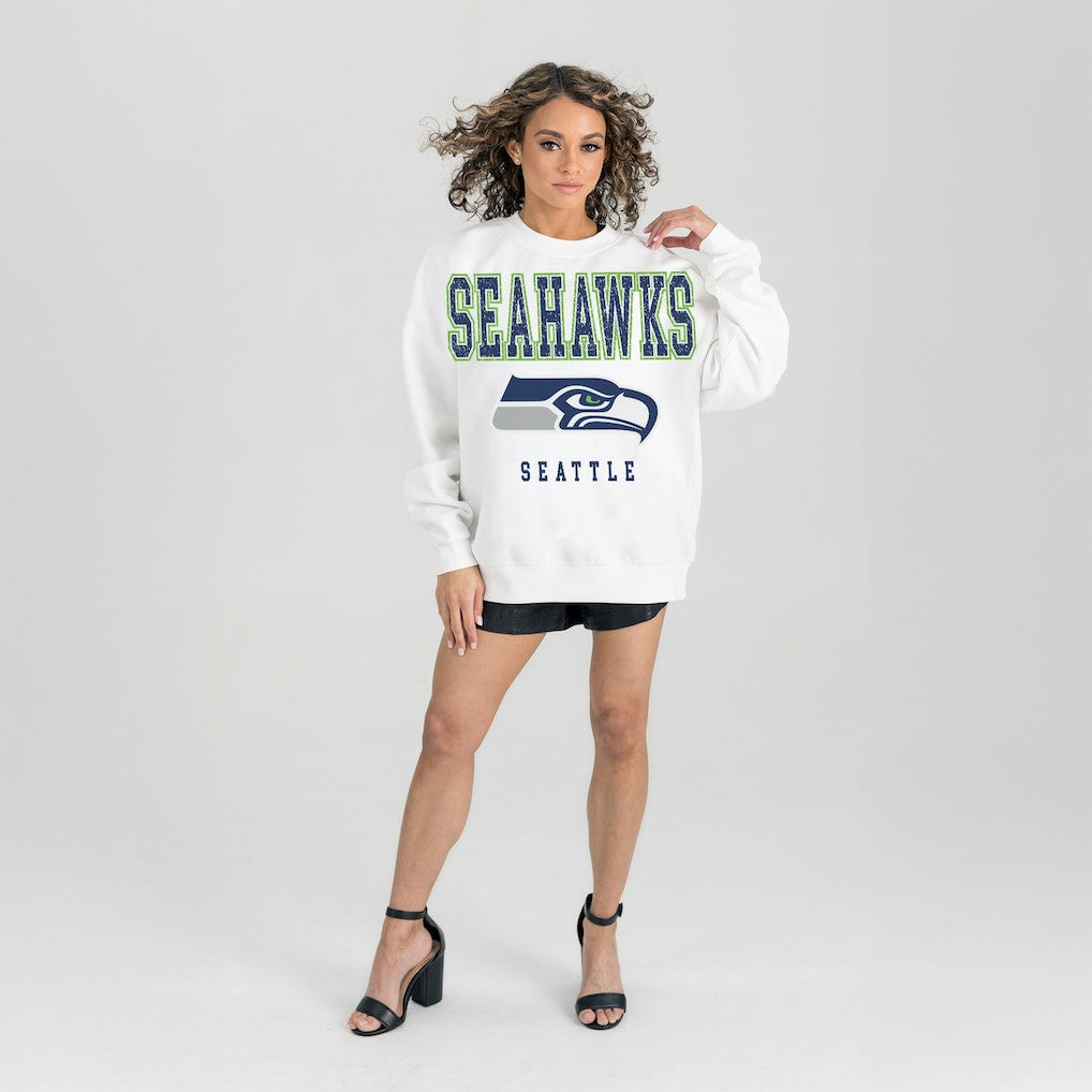 Seattle Seahawks Gameday Couture Women's Sunday Drives Oversized Crewneck Pullover Sweatshirt – White | NFL