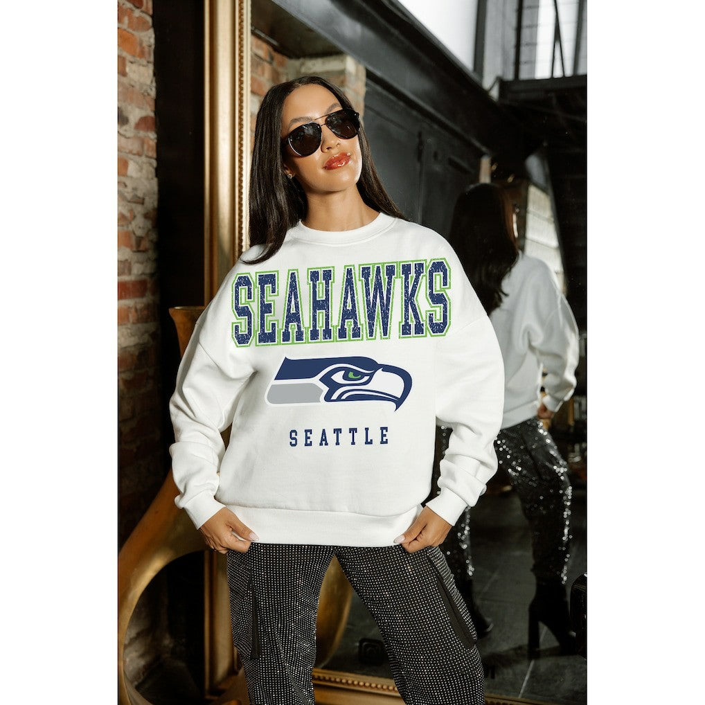 Seattle Seahawks Gameday Couture Women's Sunday Drives Oversized Crewneck Pullover Sweatshirt – White | NFL
