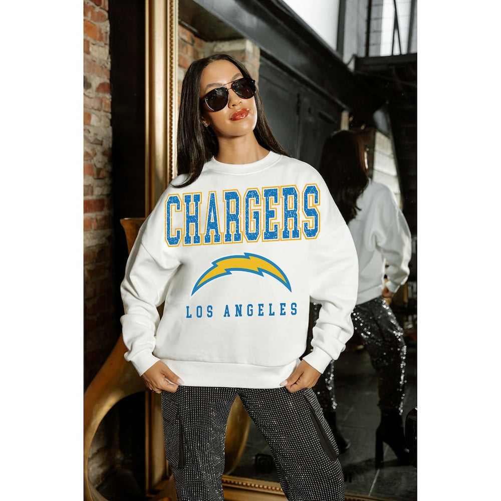 Los Angeles Chargers Gameday Couture Women's Sunday Drives Oversized Crewneck Pullover Sweatshirt – White | NFL
