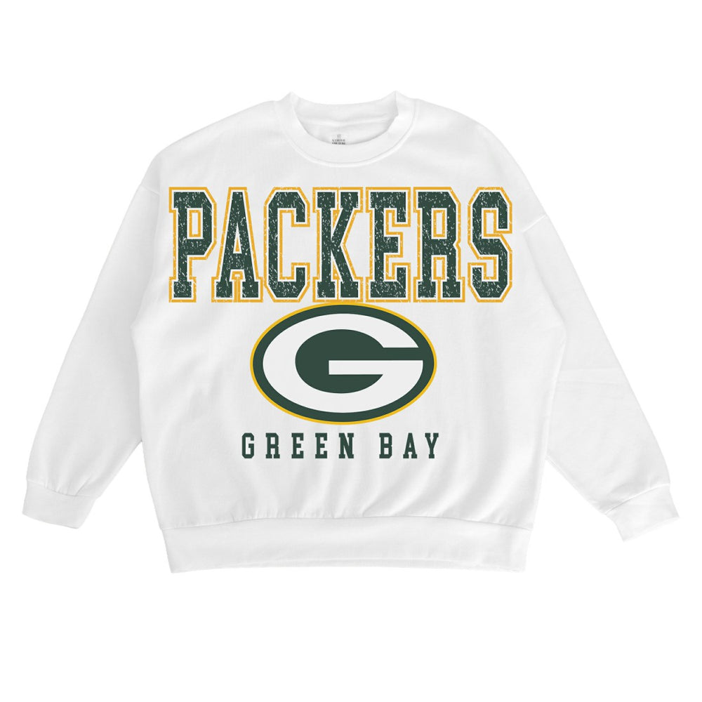 Green Bay Packers Gameday Couture Women's Sunday Drives Oversized Crewneck Pullover Sweatshirt – White | NFL