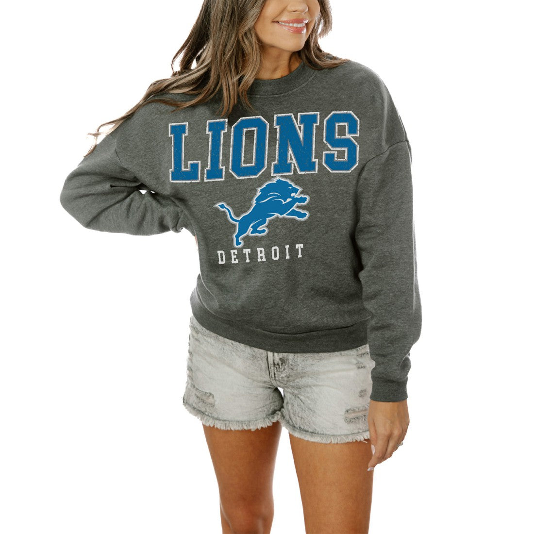 Detroit Lions Gameday Couture Women's Oversized Bring The Energy Pullover Sweatshirt – Charcoal | NFL