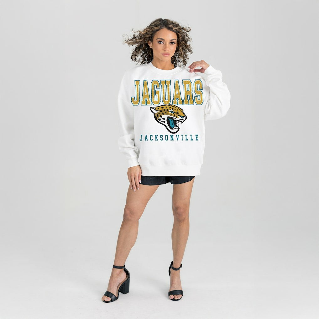 Jacksonville Jaguars Gameday Couture Women's Sunday Drives Oversized Crewneck Pullover Sweatshirt – White | NFL