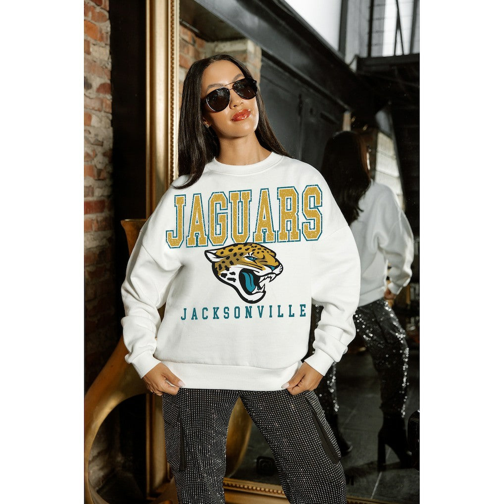 Jacksonville Jaguars Gameday Couture Women's Sunday Drives Oversized Crewneck Pullover Sweatshirt – White | NFL