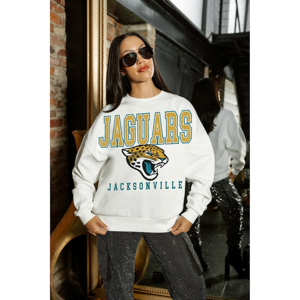 Jacksonville Jaguars Gameday Couture Women's Sunday Drives Oversized Crewneck Pullover Sweatshirt – White | NFL