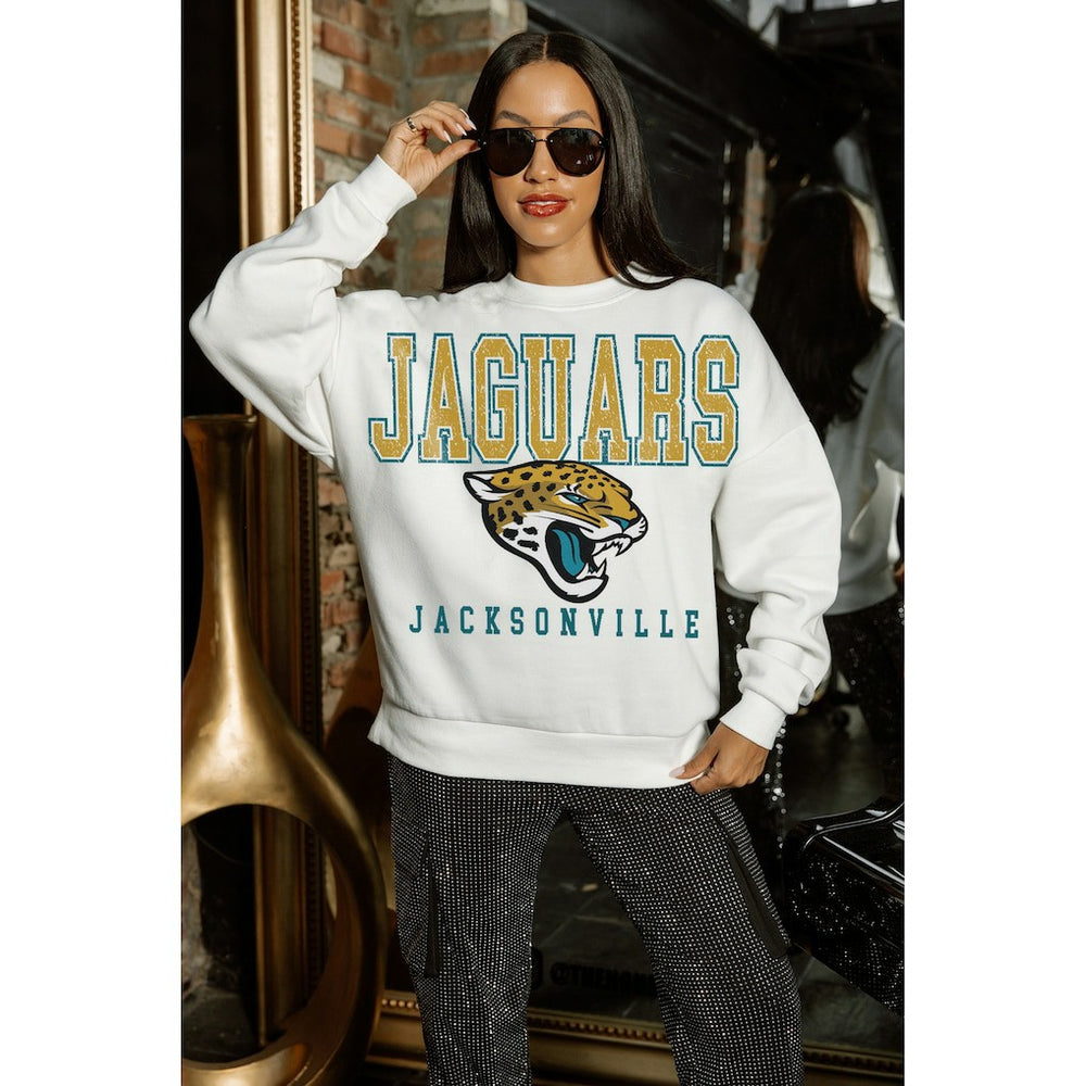 Jacksonville Jaguars Gameday Couture Women's Sunday Drives Oversized Crewneck Pullover Sweatshirt – White | NFL