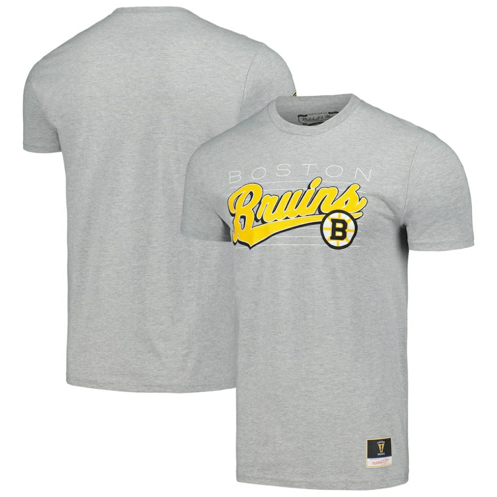 Boston Bruins Mitchell & Ness 100th Anniversary Script Sweep T-Shirt - Heather Gray - NHL
